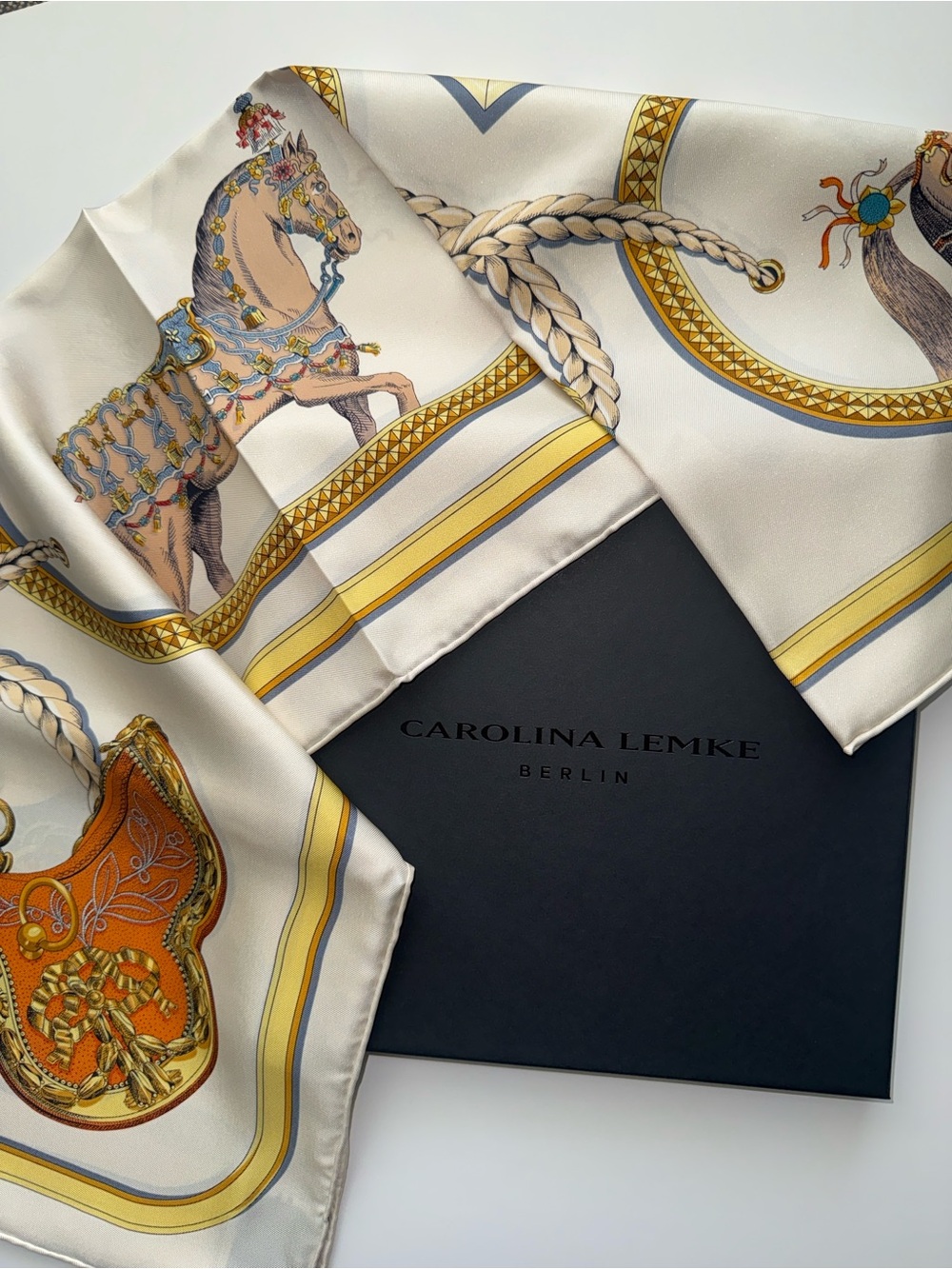 NEW Carolina Lemke Neutral Mulberry Silk Scarf Equestrian Horse Motif Western
